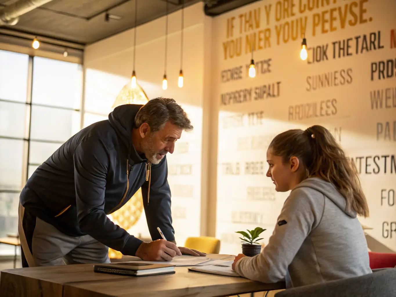 An image of a confident business coach discussing strategies with a client in a modern office setting, representing the Business Growth Coaching program.