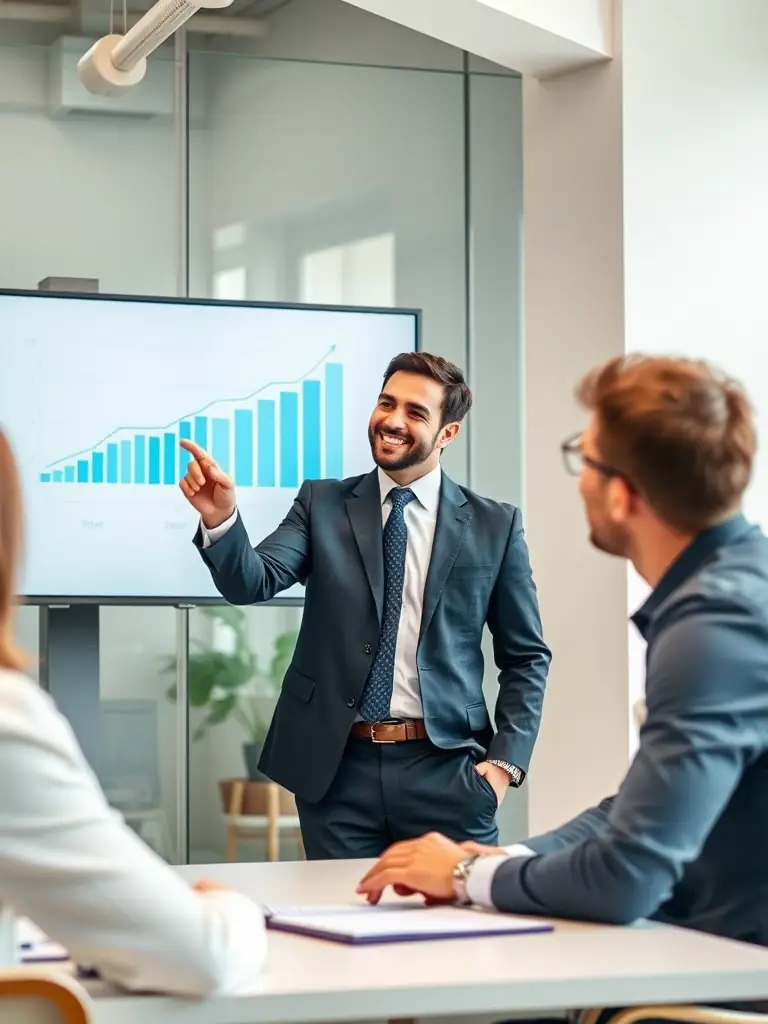 A professional business coach in a smart suit, smiling confidently while pointing at a growth chart during a coaching session in a modern office setting.