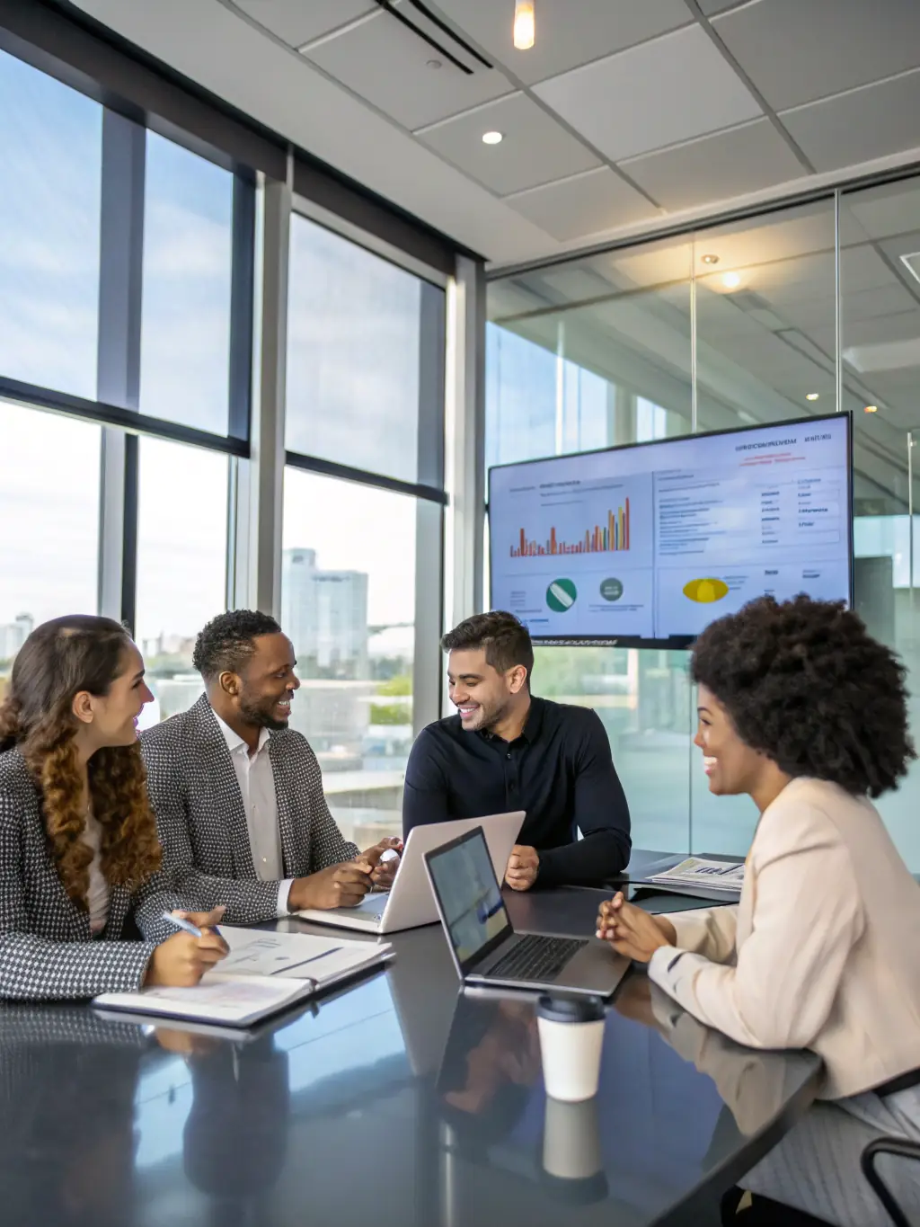 A diverse group of professionals collaborating around a table, brainstorming ideas and strategizing for business success in a modern office.