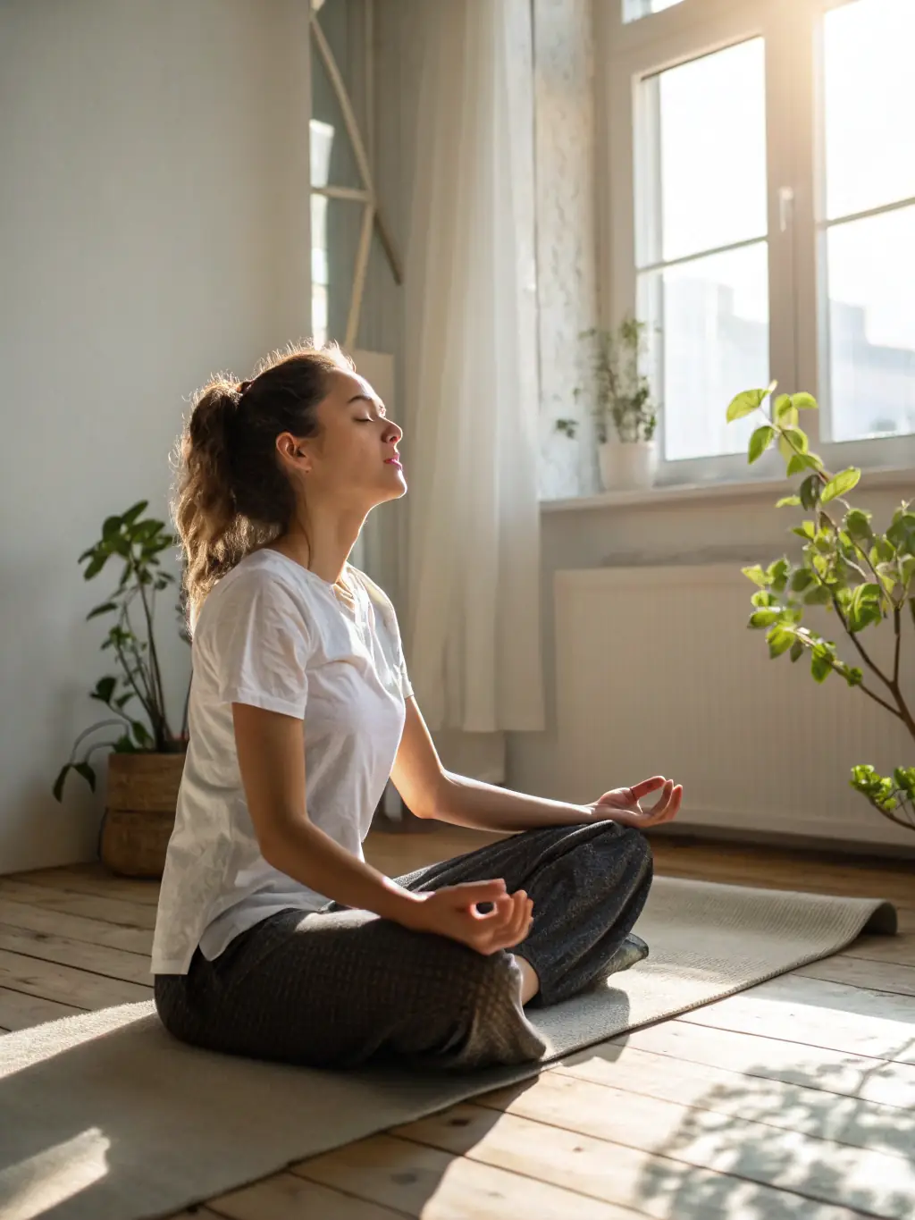A person meditating in a serene office environment, promoting mental well-being and resilience, with soft, natural lighting.