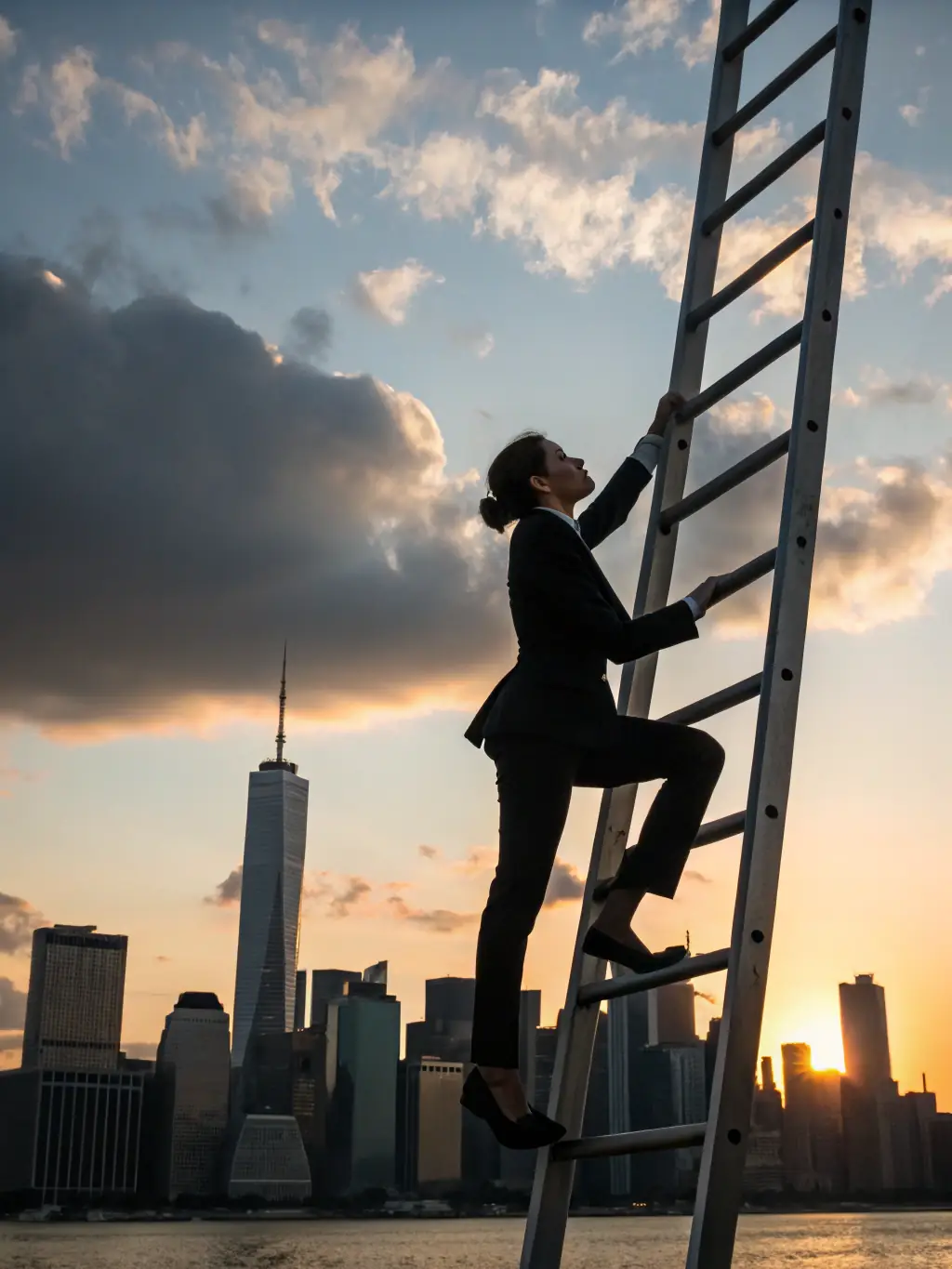 A person confidently climbing a career ladder, symbolizing career progression and achievement, set against the backdrop of the London skyline.